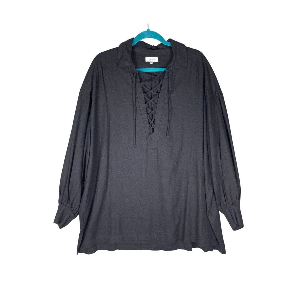 WeWoreWhat Lace-Up Tunic Womens‎ M Black Excellent Linen Blend Oversized Top